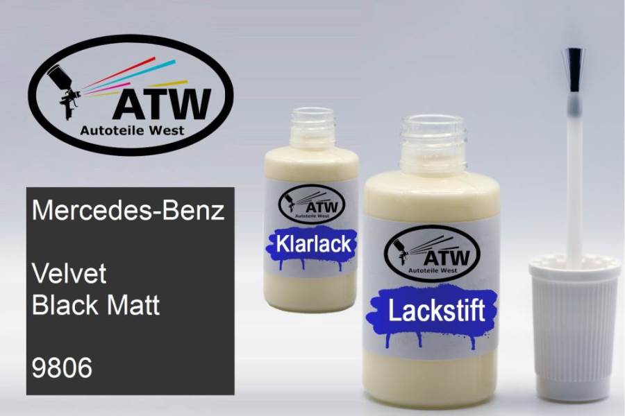 Mercedes-Benz, Velvet Black Matt, 9806: 20ml Lackstift + 20ml Klarlack - Set, von ATW Autoteile West.